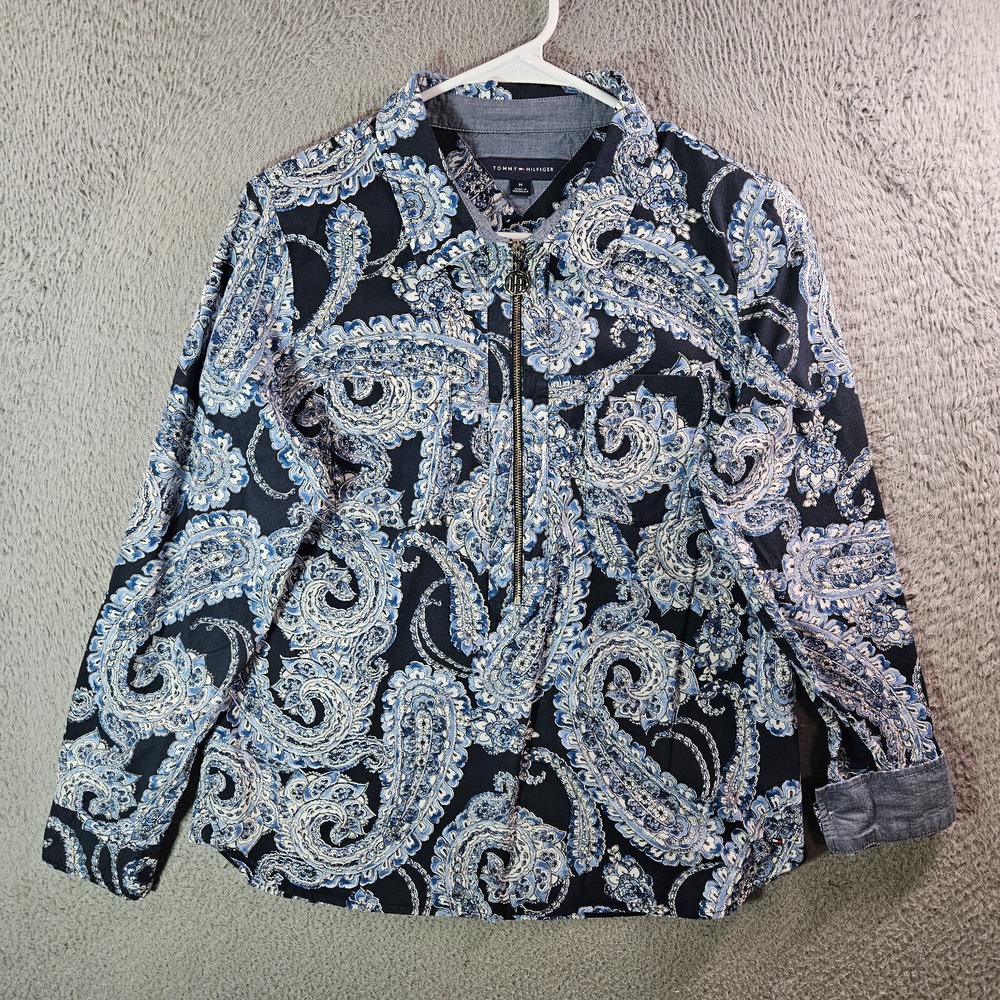 Tommy Hilfiger Shirt Top Women Medium 1/2 Zip Paisley Print Blue White